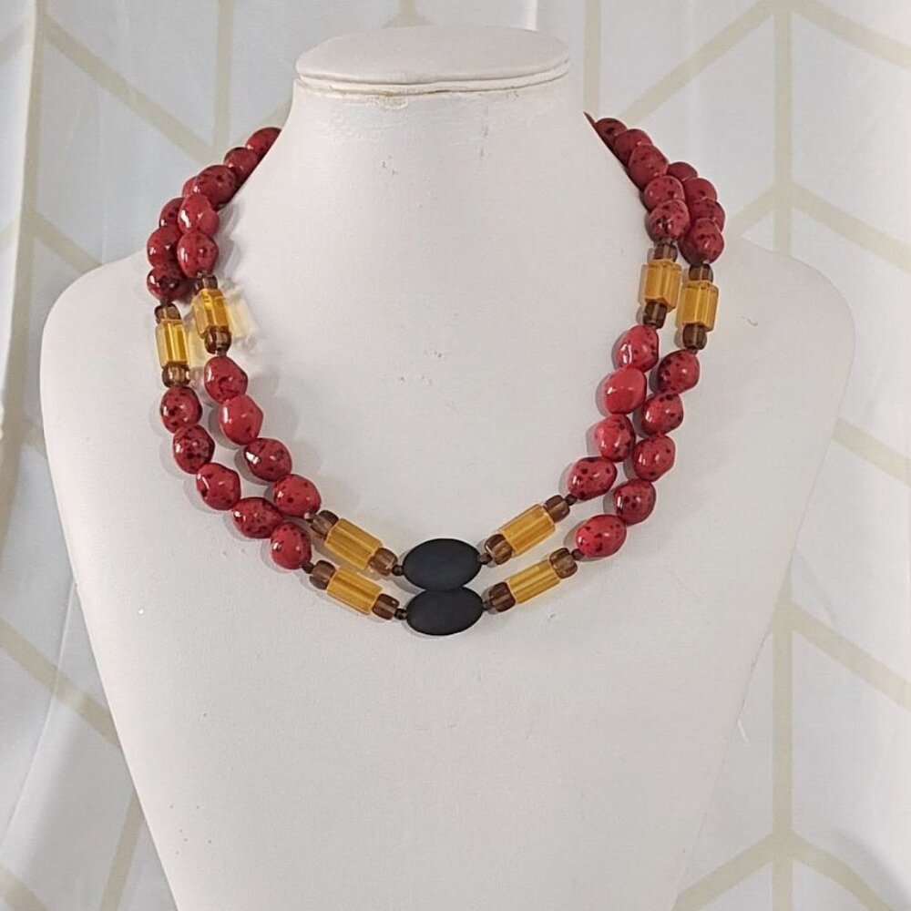 Wendy Gell Handcrafted Red, Amber, Black Beaded Double Strand Necklace
